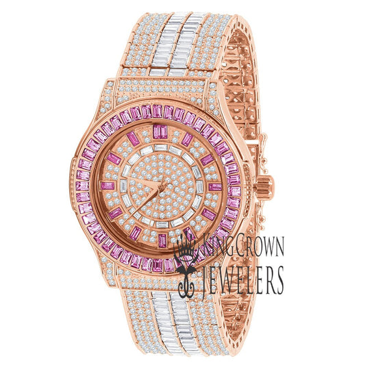 18K Rose Gold Finish Fully Iced Out Baguette/Round Pink Simulated Diamond Custom Band Luxury Watch