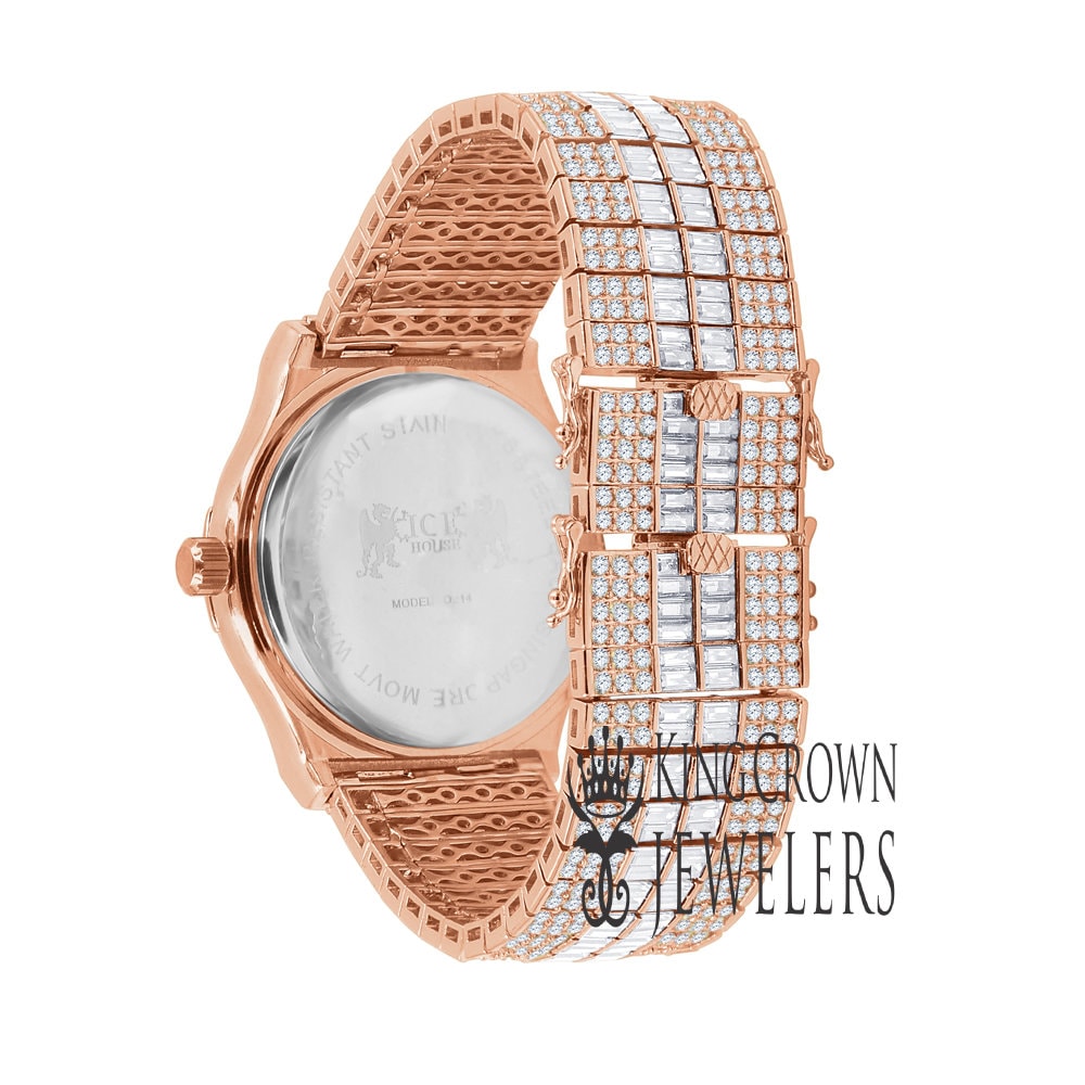 18K Rose Gold Finish Fully Iced Out Baguette/Round Pink Simulated Diamond Custom Band Luxury Watch