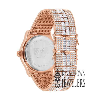18K Rose Gold Finish Fully Iced Out Baguette/Round Pink Simulated Diamond Custom Band Luxury Watch