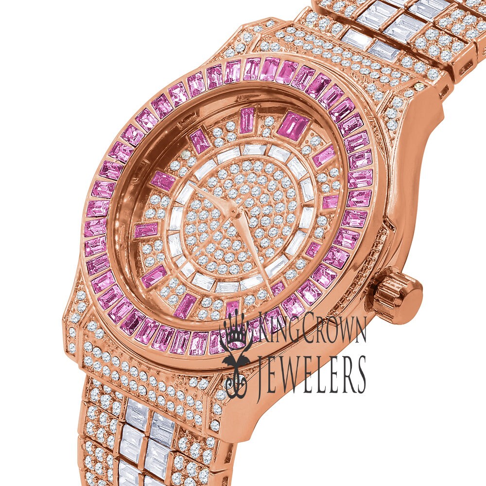 18K Rose Gold Finish Fully Iced Out Baguette/Round Pink Simulated Diamond Custom Band Luxury Watch