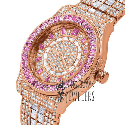 18K Rose Gold Finish Fully Iced Out Baguette/Round Pink Simulated Diamond Custom Band Luxury Watch