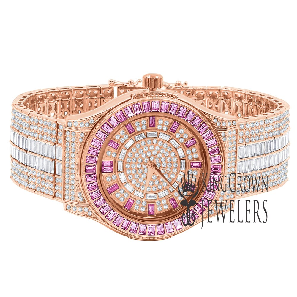 18K Rose Gold Finish Fully Iced Out Baguette/Round Pink Simulated Diamond Custom Band Luxury Watch