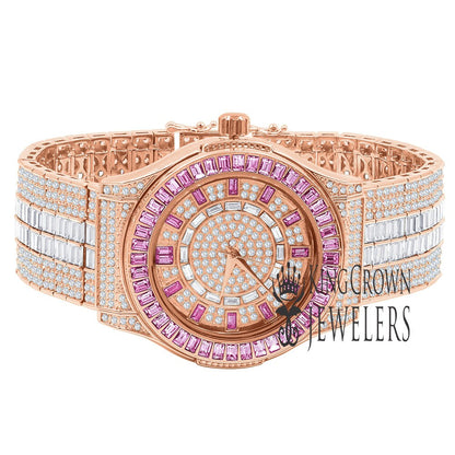 18K Rose Gold Finish Fully Iced Out Baguette/Round Pink Simulated Diamond Custom Band Luxury Watch