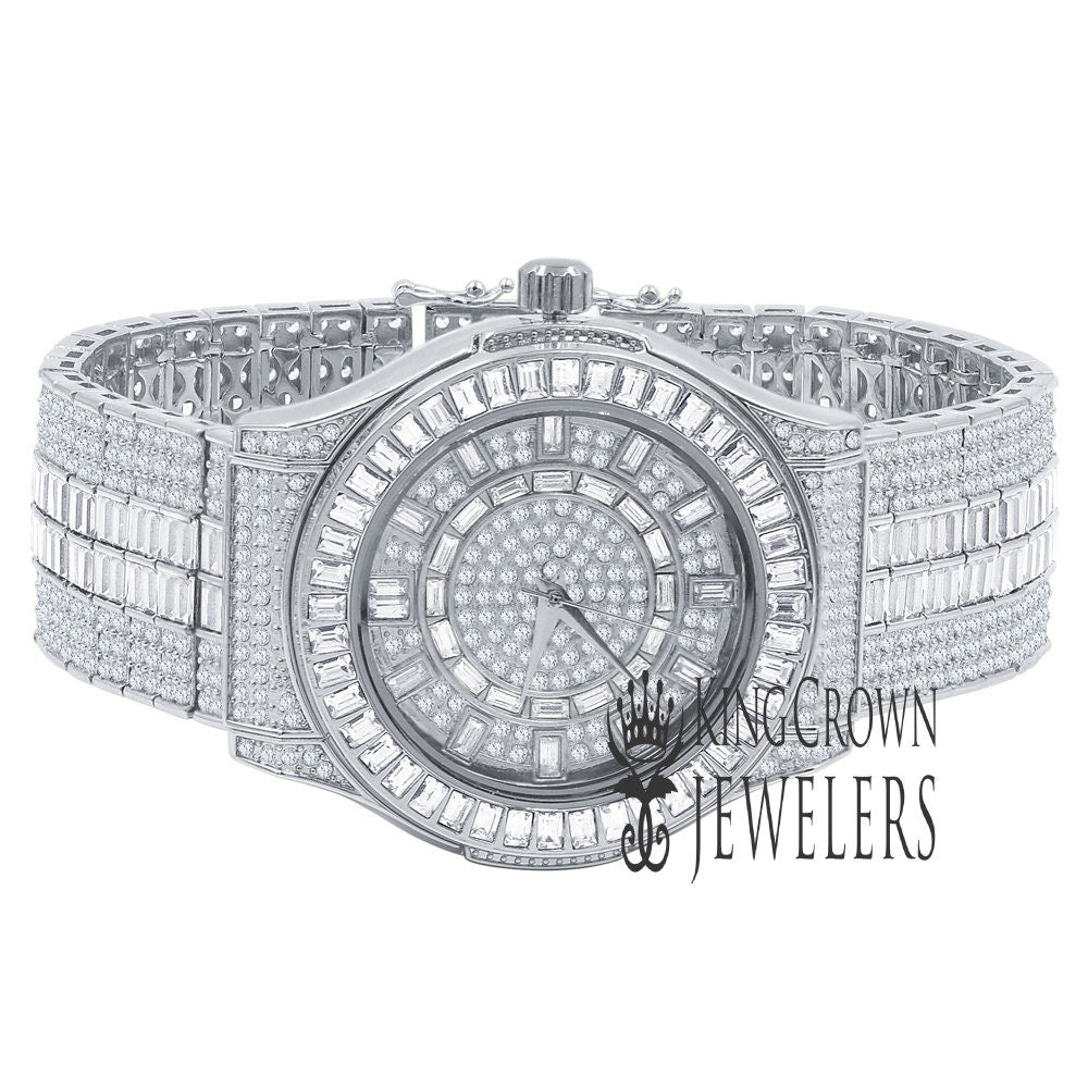Mens 18K White Gold Finish Fully Iced Out Baguette/Round Cut Simulated Diamond Custom Band Luxury Watch