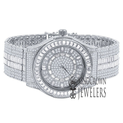 Mens 18K White Gold Finish Fully Iced Out Baguette/Round Cut Simulated Diamond Custom Band Luxury Watch