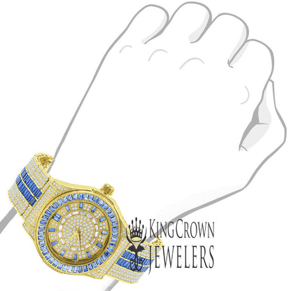 Mens Blue Sapphire Baguette Simulated Diamond 18K Gold Finish Iced Out Custom Band Luxury Watch