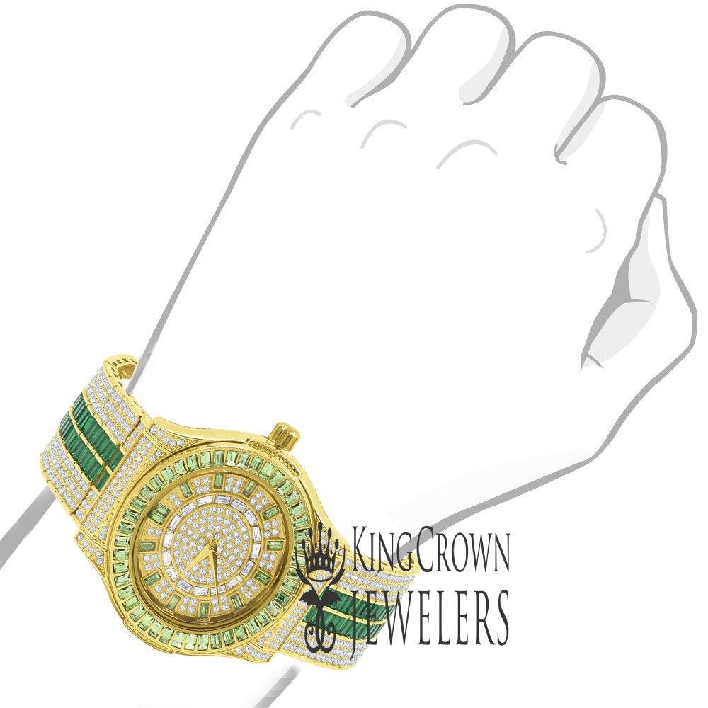 Mens Green Emerald Baguette Simulated Diamond 18K Gold Finish Iced Out Custom Band Luxury Watch
