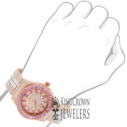 18K Rose Gold Finish Fully Iced Out Baguette/Round Pink Simulated Diamond Custom Band Luxury Watch