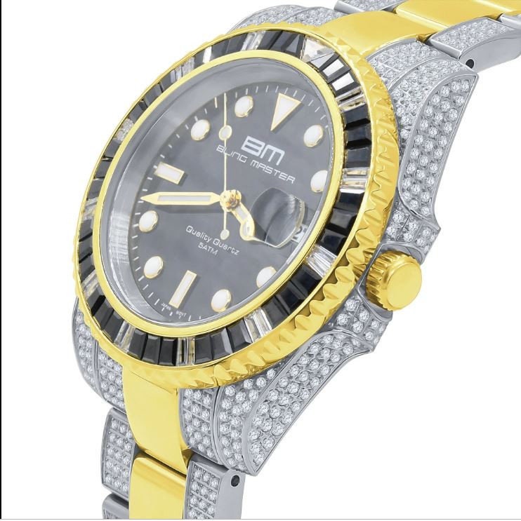Mens 18k 2 Tone Gold Finish Solid Stainless Steel 40mm Simulated Diamond W/Date Function President Watch