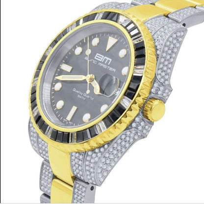Mens 18k 2 Tone Gold Finish Solid Stainless Steel 40mm Simulated Diamond W/Date Function President Watch