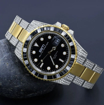 Mens 18k 2 Tone Gold Finish Solid Stainless Steel 40mm Simulated Diamond W/Date Function President Watch