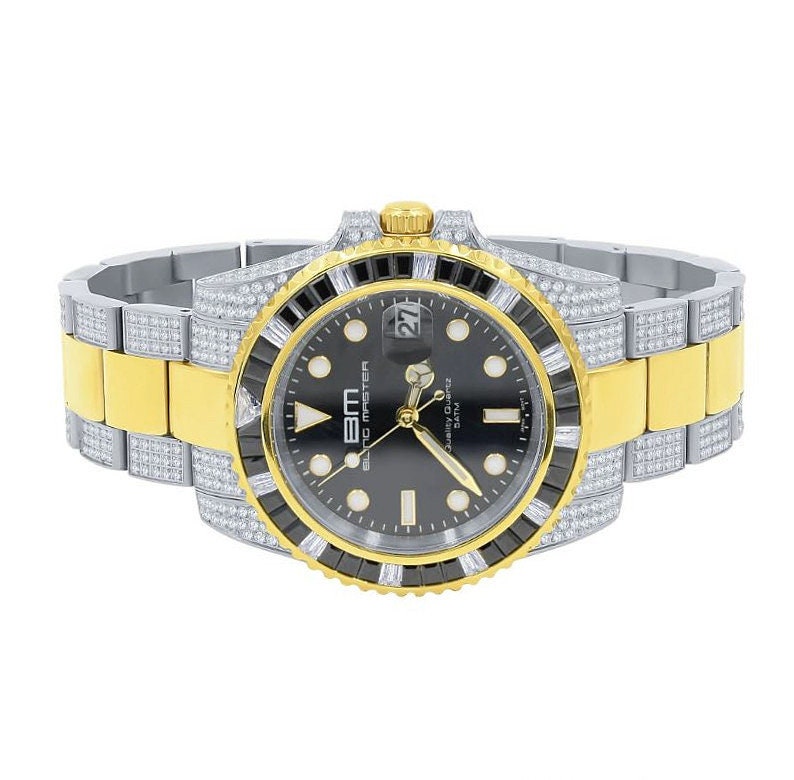 Mens 18k 2 Tone Gold Finish Solid Stainless Steel 40mm Simulated Diamond W/Date Function President Watch