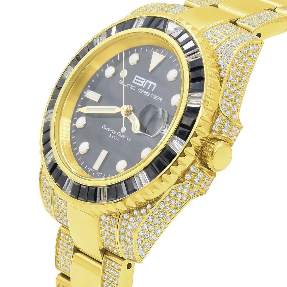 Solid Stainless Steel 18k Yellow Gold Finish Simulated Diamond Mens President Watch W/Date Function