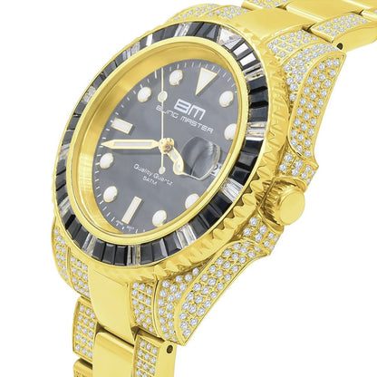 Solid Stainless Steel 18k Yellow Gold Finish Simulated Diamond Mens President Watch W/Date Function