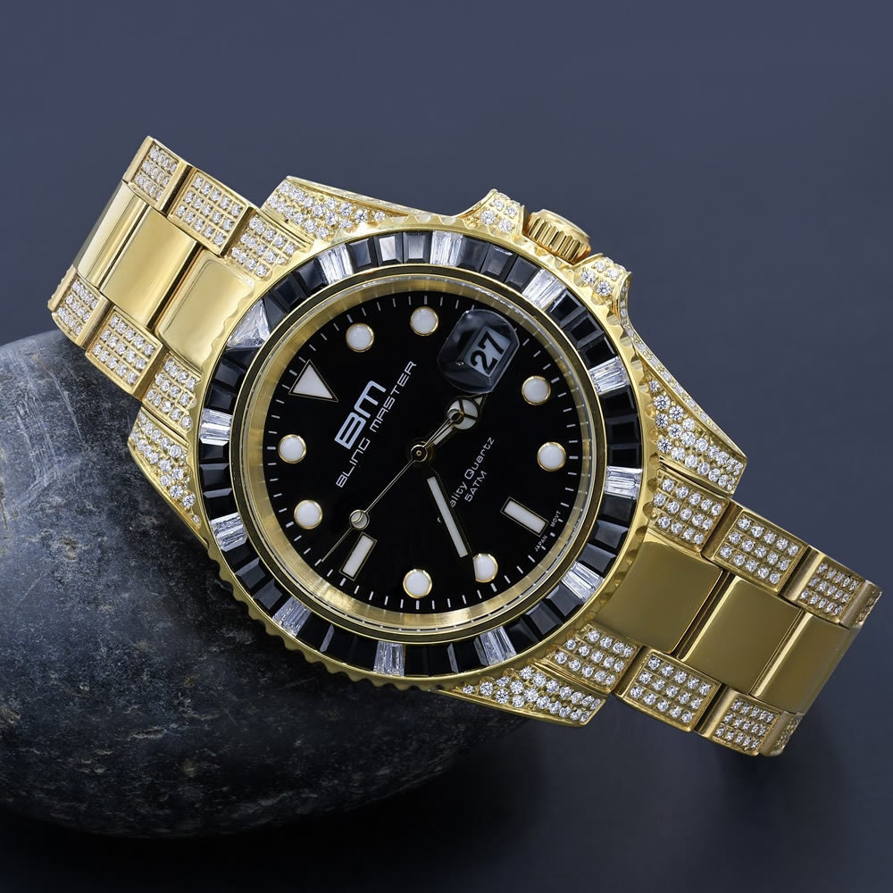 Solid Stainless Steel 18k Yellow Gold Finish Simulated Diamond Mens President Watch W/Date Function
