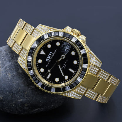 Solid Stainless Steel 18k Yellow Gold Finish Simulated Diamond Mens President Watch W/Date Function
