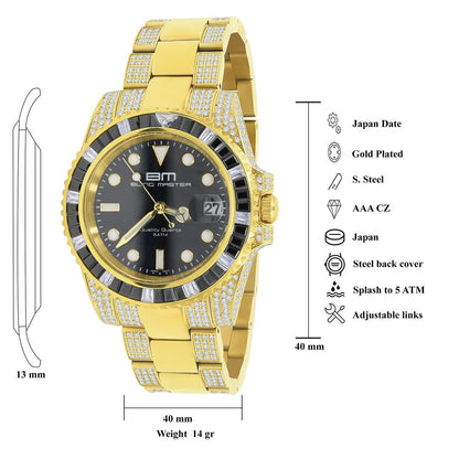 Solid Stainless Steel 18k Yellow Gold Finish Simulated Diamond Mens President Watch W/Date Function