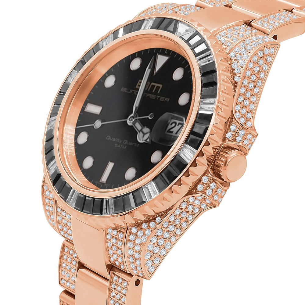 Full Stainless Steel 18k Rose Gold Finish Simulated Diamond Mens President Watch W/Date Function