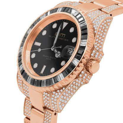 Full Stainless Steel 18k Rose Gold Finish Simulated Diamond Mens President Watch W/Date Function