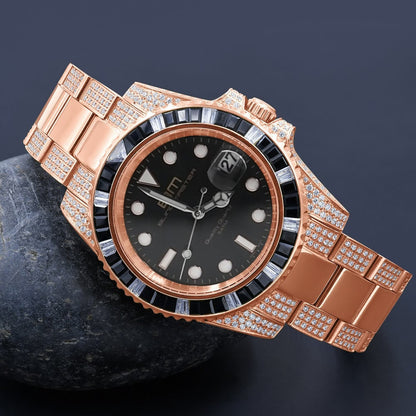 Full Stainless Steel 18k Rose Gold Finish Simulated Diamond Mens President Watch W/Date Function