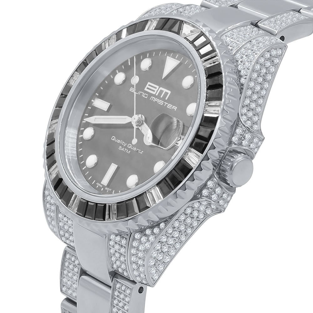 18k White Gold Finish Full Stainless Steel Simulated Diamond Mens Presidential Watch W/Date Function