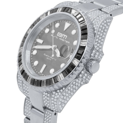 18k White Gold Finish Full Stainless Steel Simulated Diamond Mens Presidential Watch W/Date Function