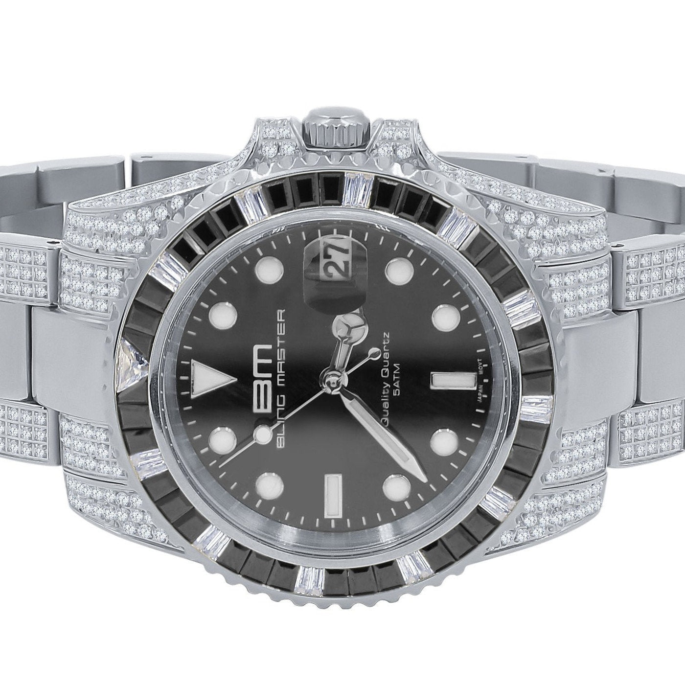 18k White Gold Finish Full Stainless Steel Simulated Diamond Mens Presidential Watch W/Date Function