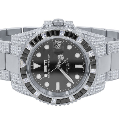 18k White Gold Finish Full Stainless Steel Simulated Diamond Mens Presidential Watch W/Date Function