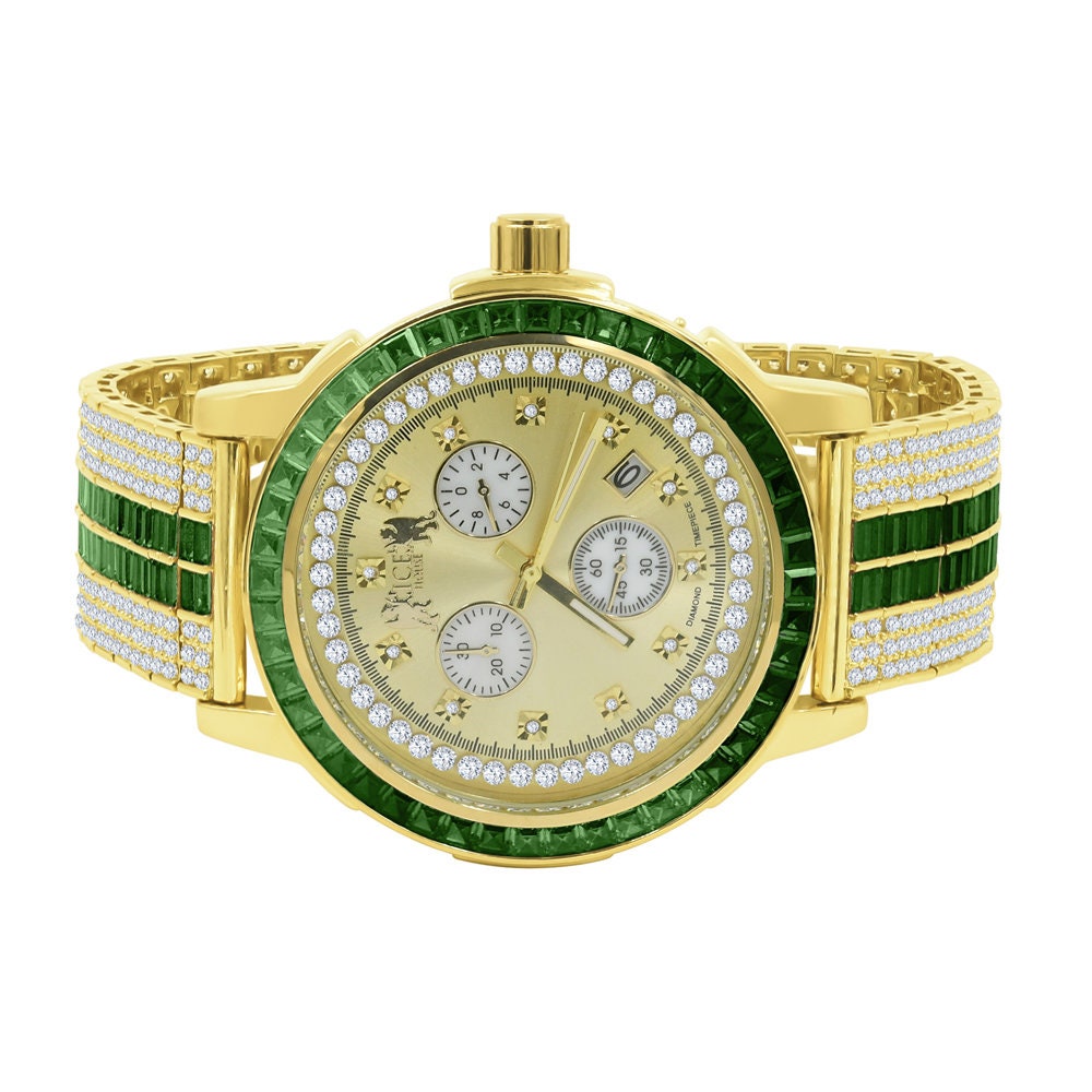 Emerald Green Solid Steel Baguette-Cut Solitaire Bezel Yellow Gold Tone Simulated Diamond Adjustable Band Mens Watch W/Date