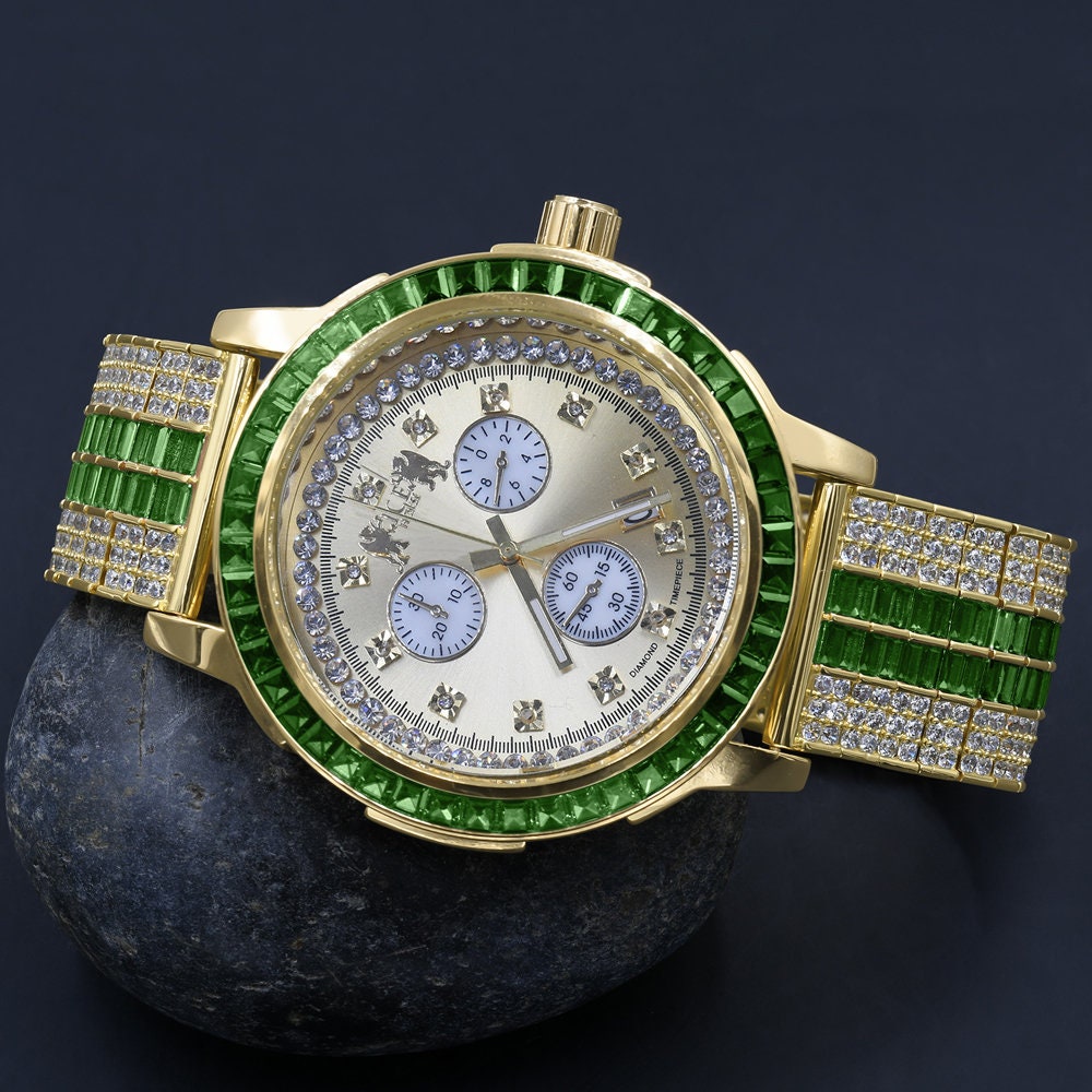 Emerald Green Solid Steel Baguette-Cut Solitaire Bezel Yellow Gold Tone Simulated Diamond Adjustable Band Mens Watch W/Date