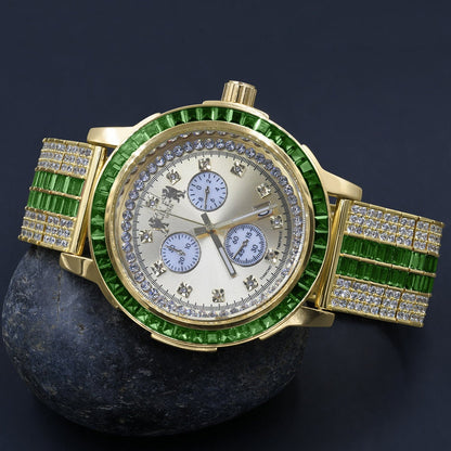 Emerald Green Solid Steel Baguette-Cut Solitaire Bezel Yellow Gold Tone Simulated Diamond Adjustable Band Mens Watch W/Date