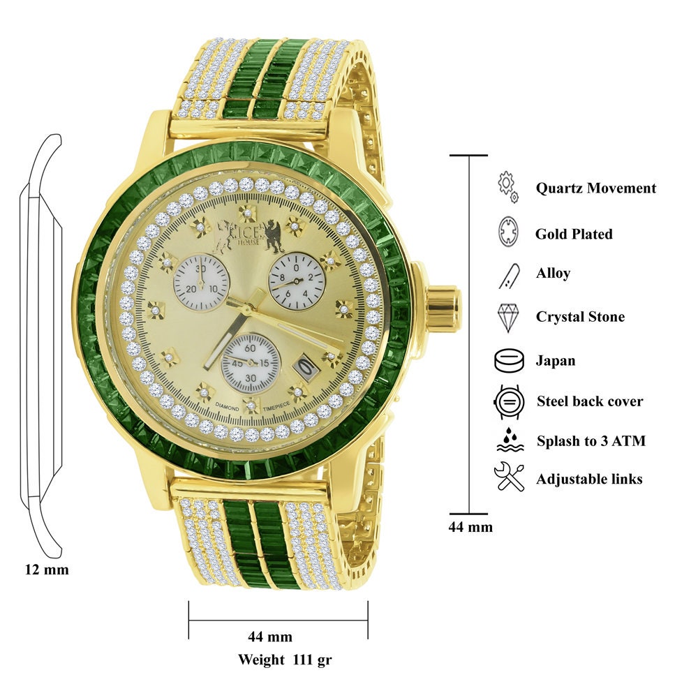 Emerald Green Solid Steel Baguette-Cut Solitaire Bezel Yellow Gold Tone Simulated Diamond Adjustable Band Mens Watch W/Date