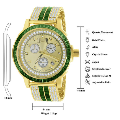 Emerald Green Solid Steel Baguette-Cut Solitaire Bezel Yellow Gold Tone Simulated Diamond Adjustable Band Mens Watch W/Date
