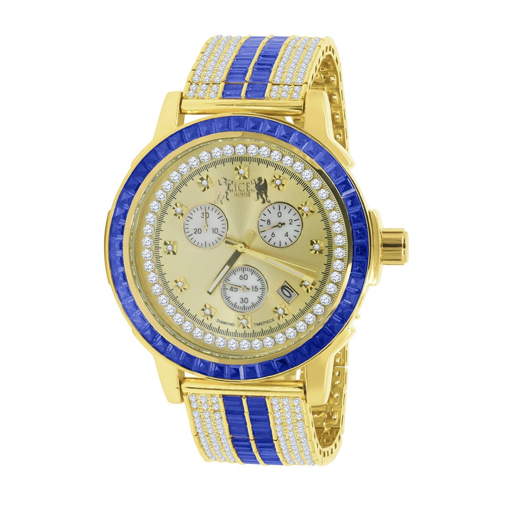 Sapphire Blue Solid Steel Baguette-Cut Solitaire  Bezel Yellow Gold Tone Simulated Diamond Adjustable Band Mens Watch W/Date