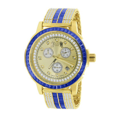 Sapphire Blue Solid Steel Baguette-Cut Solitaire  Bezel Yellow Gold Tone Simulated Diamond Adjustable Band Mens Watch W/Date