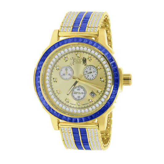 Sapphire Blue Solid Steel Baguette-Cut Solitaire  Bezel Yellow Gold Tone Simulated Diamond Adjustable Band Mens Watch W/Date