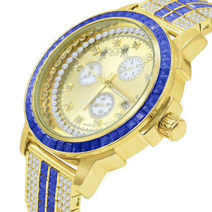 Sapphire Blue Solid Steel Baguette-Cut Solitaire  Bezel Yellow Gold Tone Simulated Diamond Adjustable Band Mens Watch W/Date