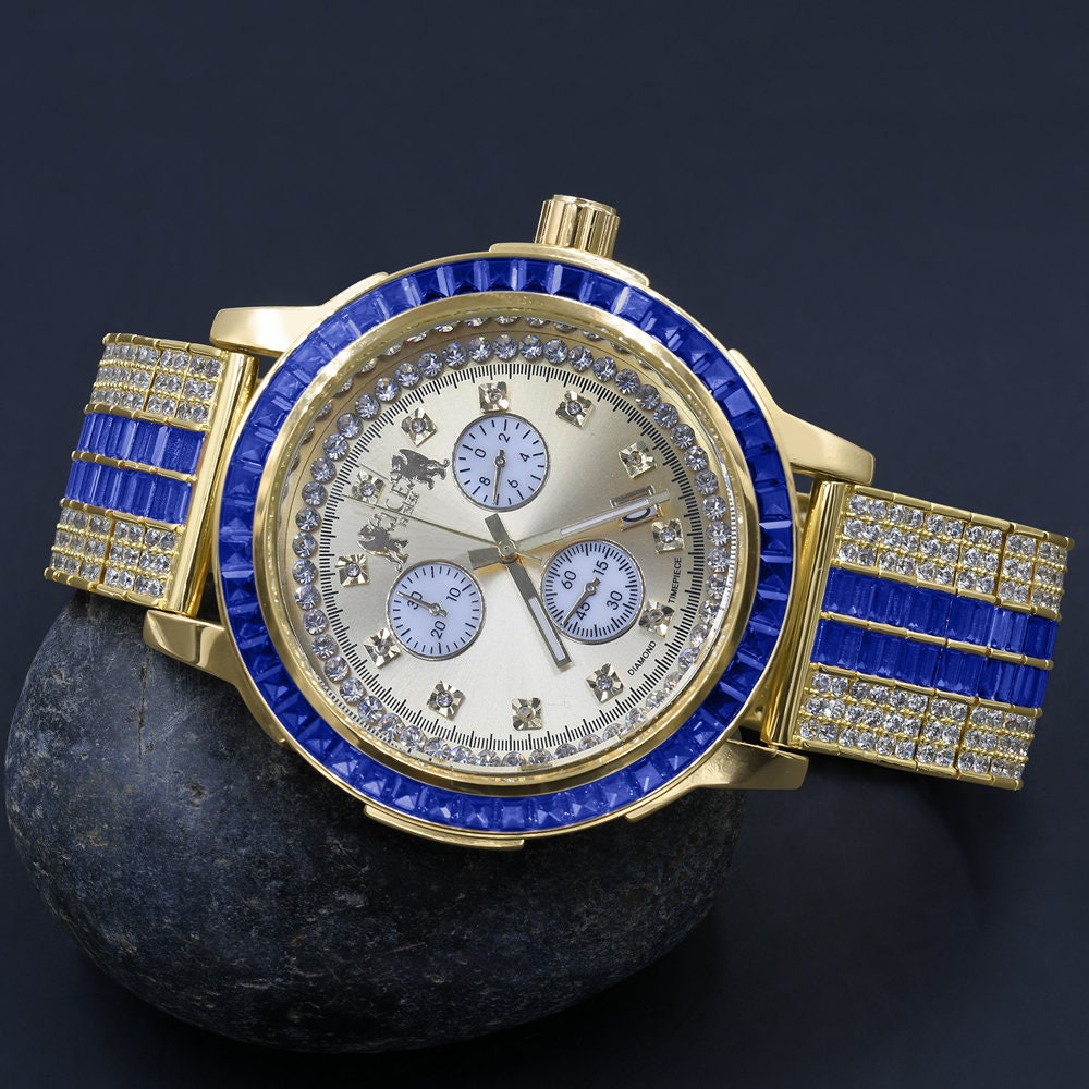 Sapphire Blue Solid Steel Baguette-Cut Solitaire  Bezel Yellow Gold Tone Simulated Diamond Adjustable Band Mens Watch W/Date
