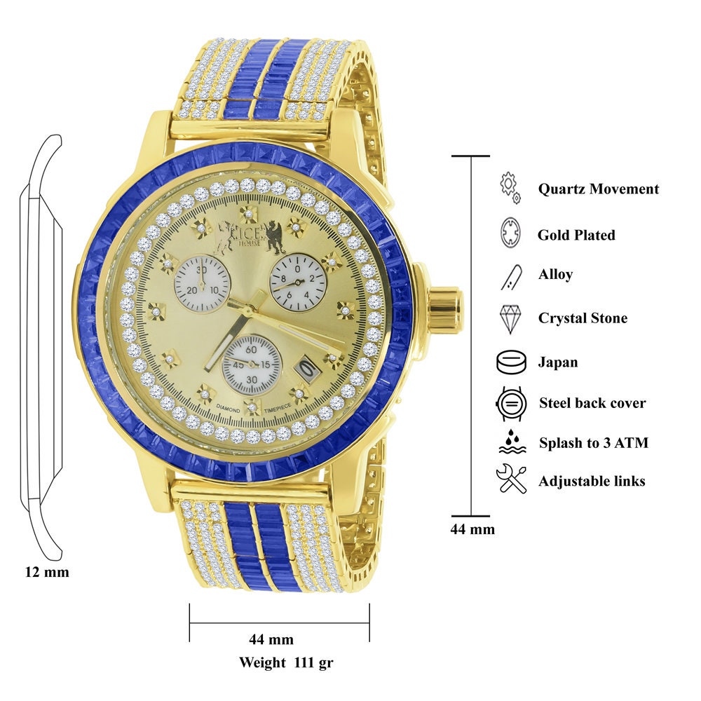 Sapphire Blue Solid Steel Baguette-Cut Solitaire  Bezel Yellow Gold Tone Simulated Diamond Adjustable Band Mens Watch W/Date