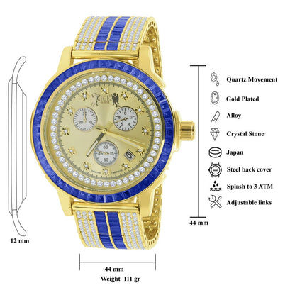 Sapphire Blue Solid Steel Baguette-Cut Solitaire  Bezel Yellow Gold Tone Simulated Diamond Adjustable Band Mens Watch W/Date