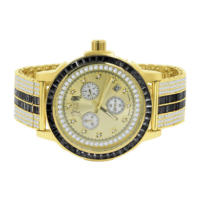 Onyx Black Solid Steel Baguette-Cut Solitaire Bezel Gold Tone Simulated Diamond Adjustable Band Mens Watch W/Date
