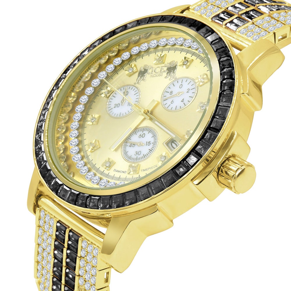 Onyx Black Solid Steel Baguette-Cut Solitaire Bezel Gold Tone Simulated Diamond Adjustable Band Mens Watch W/Date