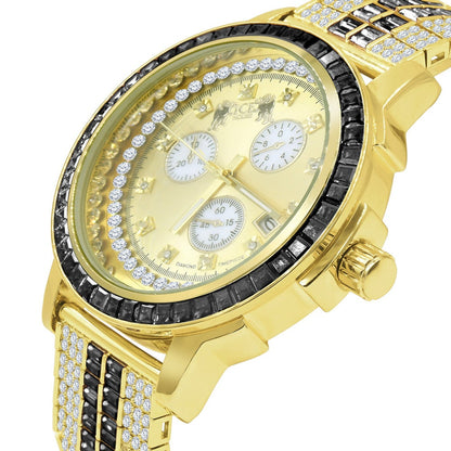 Onyx Black Solid Steel Baguette-Cut Solitaire Bezel Gold Tone Simulated Diamond Adjustable Band Mens Watch W/Date