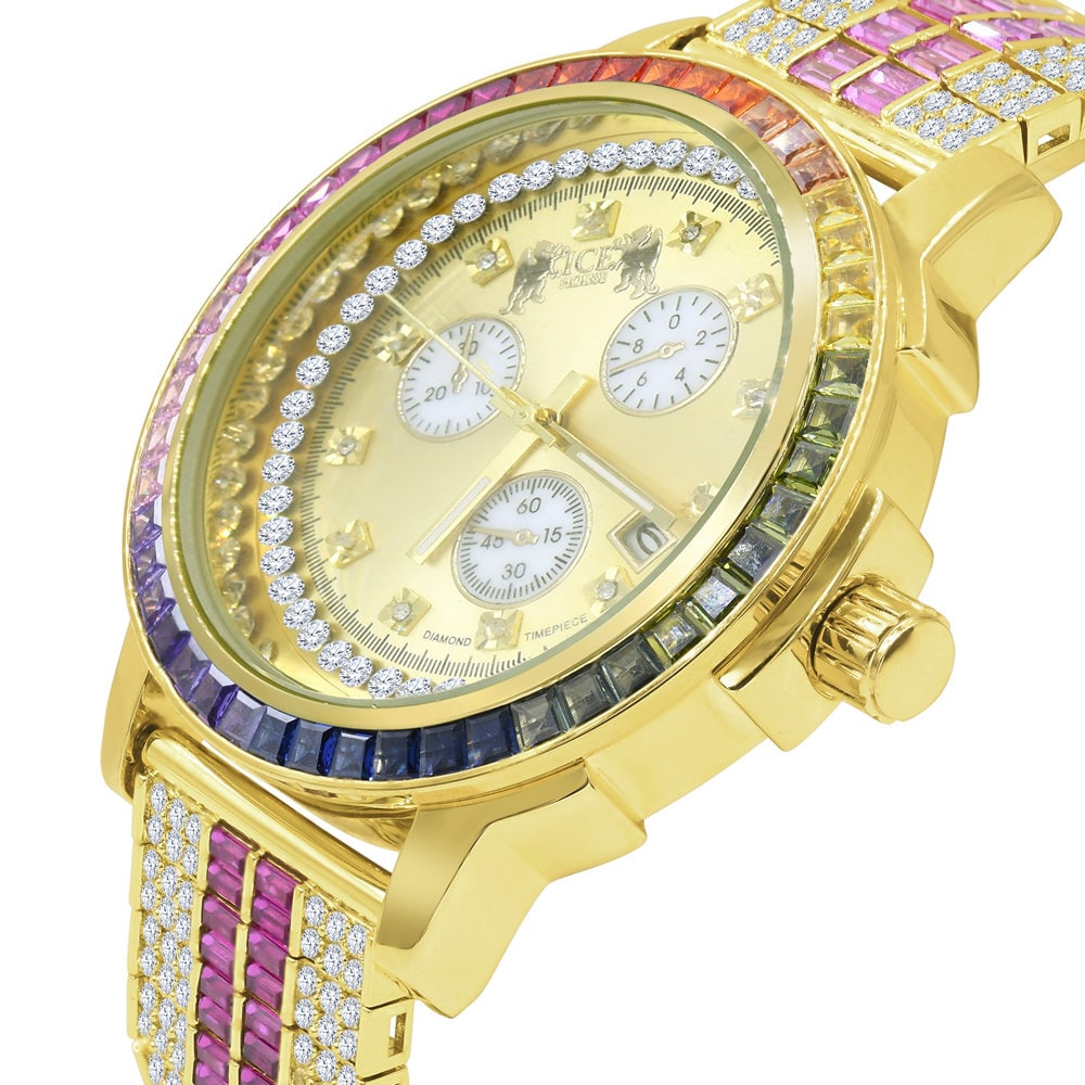 Rainbow Multi Tone Stainless Steel Iced Out Bezel Gold Finish Simulated Diamond Adjustable Band Mens Watch W/Date