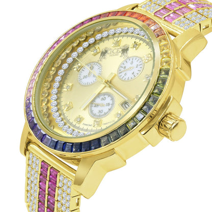 Rainbow Multi Tone Stainless Steel Iced Out Bezel Gold Finish Simulated Diamond Adjustable Band Mens Watch W/Date