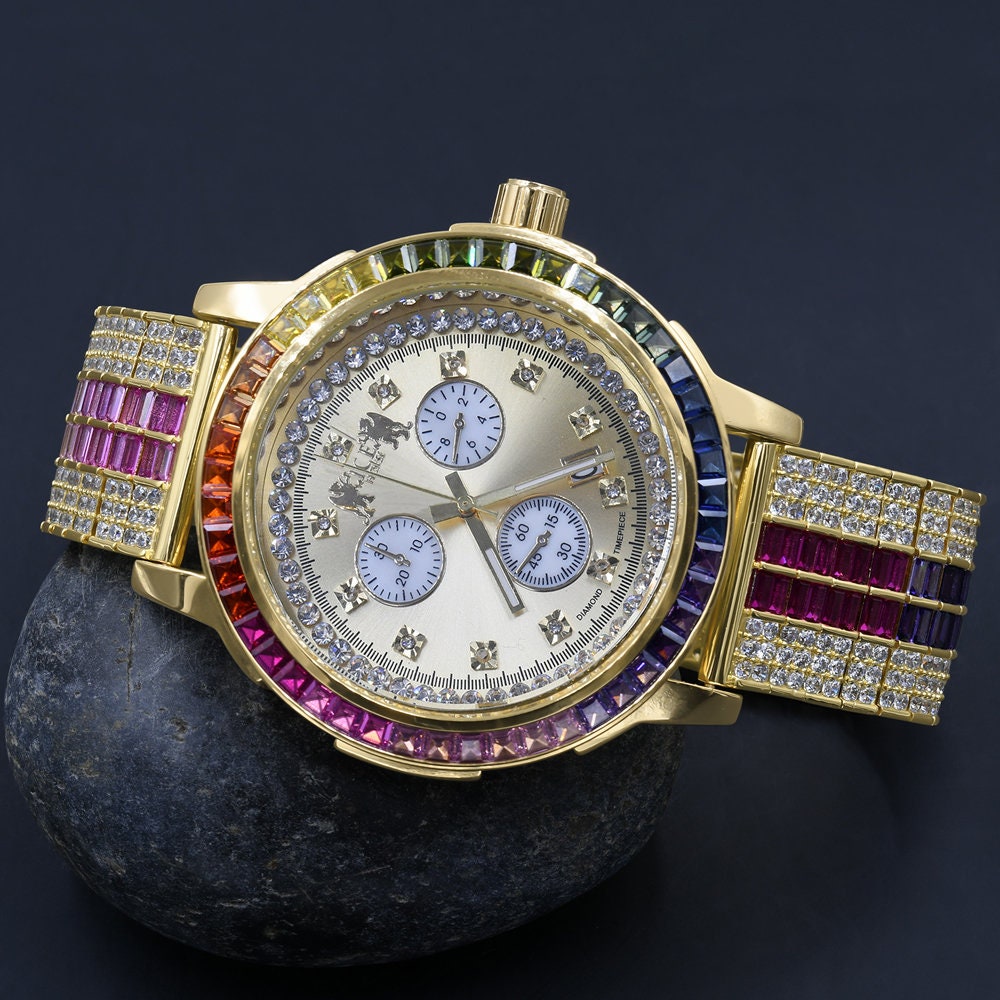 Rainbow Multi Tone Stainless Steel Iced Out Bezel Gold Finish Simulated Diamond Adjustable Band Mens Watch W/Date