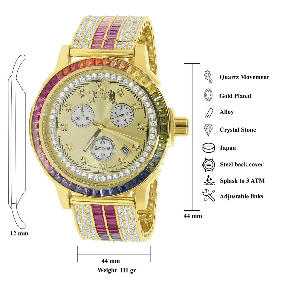 Rainbow Multi Tone Stainless Steel Iced Out Bezel Gold Finish Simulated Diamond Adjustable Band Mens Watch W/Date
