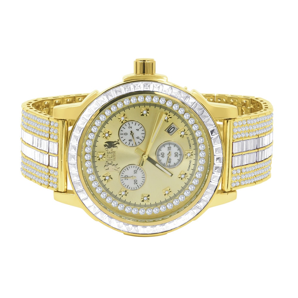 18K Yellow Gold Finish Stainless Steel Iced Out Bezel Simulated Diamond Adjustable Band Mens Watch W/Date
