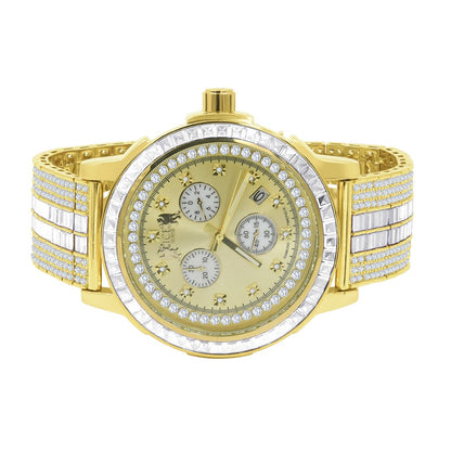 18K Yellow Gold Finish Stainless Steel Iced Out Bezel Simulated Diamond Adjustable Band Mens Watch W/Date