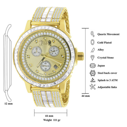 18K Yellow Gold Finish Stainless Steel Iced Out Bezel Simulated Diamond Adjustable Band Mens Watch W/Date
